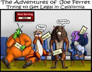 Cartoon of Joe Ferret nervously holding a numbered ticket while waiting in line with a bug-eyed alien, a snarling werewolf, and a purple dragon creature. The sign says “Now Serving 003” and Joe Ferret’s number is much higher.