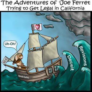 Joe Ferret sails a small wooden ship labeled “Smooth Sailing” into stormy seas with waves named “Deceit” and “Revisions.” He waves an SOS flag and says “Uh-Oh!” under darkening skies.