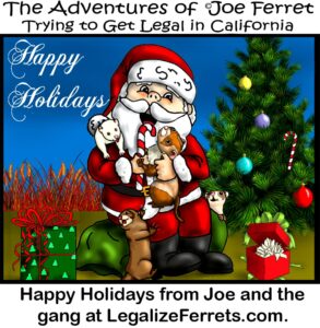 Illustration of Joe Ferret characters celebrating the holidays with Santa Claus, a Christmas tree, and wrapped gifts, with text reading “Happy Holidays from Joe and the gang at LegalizeFerrets.com.”