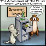 Cartoon titled “The Adventures of Joe Ferret Trying to Get Legal in California.” A ferret and another animal look into an open government records filing cabinet labeled “CEQA Review Petition 2025-003,” which appears empty except for a cobweb and insects. One character says, “We’re just checking to see we did anything.”