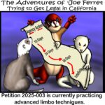 Cartoon ferret bending under a limbo bar labeled timeline delays for Petition 2025-003