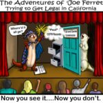 Cartoon of Joe Ferret dressed as a magician making CDFW records disappear while another ferret looks into an empty filing cabinet labeled Fish and Game Commission.