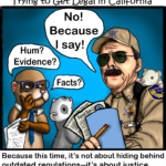 Cartoon-style illustration titled “The Adventures of Joe Ferret Trying to Get Legal in California.” A stern Fish and Game officer says “No! Because I say!” while Joe Ferret and another ferret question him with speech bubbles reading “Hum? Evidence?” and “Facts?” The image criticizes government transparency and the handling of California’s ferret ban petition process.