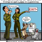 Cartoon titled “The Adventures of Joe Ferret Trying to Get Legal in California” showing two California Wildlife officers ignoring a ferret holding a petition while pointing toward an exit sign. One officer says “We know you?” while the ferret pleads “Hey! Remember ME???” beside a document labeled “Ferret Petition.”