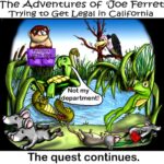 Cartoon titled “The Adventures of Joe Ferret Trying to Get Legal in California.” Joe Ferret sits atop Petition 2025-003 overlooking a swamp filled with frogs, a turtle, a crocodile, a vulture, snakes, and mice. One creature says, “Not my department!” while the caption below reads, “The quest continues.”