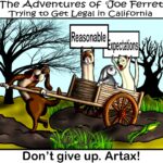Joe Ferret pulls a wagon labeled "Reasonable Expectations" through a bureaucratic swamp. Caption: "Don't Give Up, Artax!"