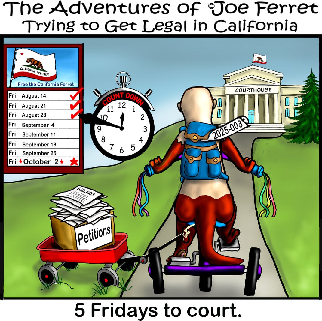 Joe Ferret waits outside the California Fish and Game Commission beside Petition 2025-003 and a countdown calendar marking the weeks until the October 2 court hearing.
