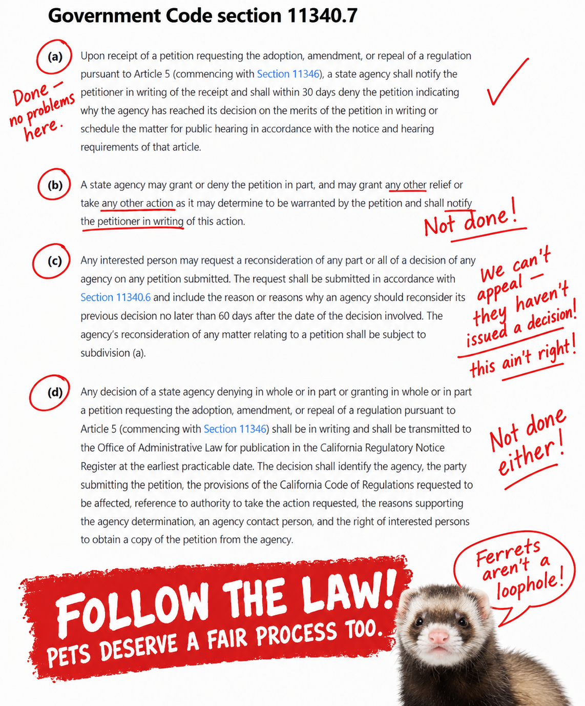 Graphic explaining California Government Code Section 11340.7 and the regulatory petition process