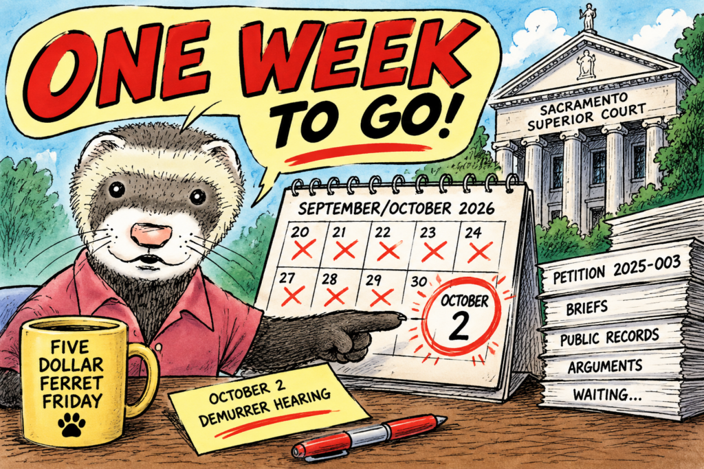 Joe Ferret points to an October 2 calendar date beside the Sacramento Superior Court, with the words “One Week to Go!”