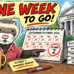 Joe Ferret points to an October 2 calendar date beside the Sacramento Superior Court, with the words “One Week to Go!”