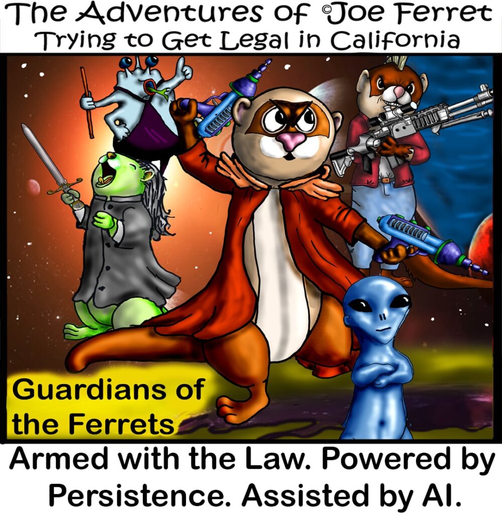 Cartoon of Joe Ferret leading the Guardians of the Ferrets, a science-fiction superhero team armed with futuristic weapons, fighting for ferret legalization in California with law, persistence, and AI.